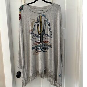 Double D Ranch Gray Desert Cactus Fringe Long Sleeve Top